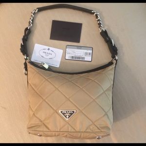 PRADA Camel Nylon Leather Cross-Stitch Handbag w/ Chain Link Strap & Metal Feet